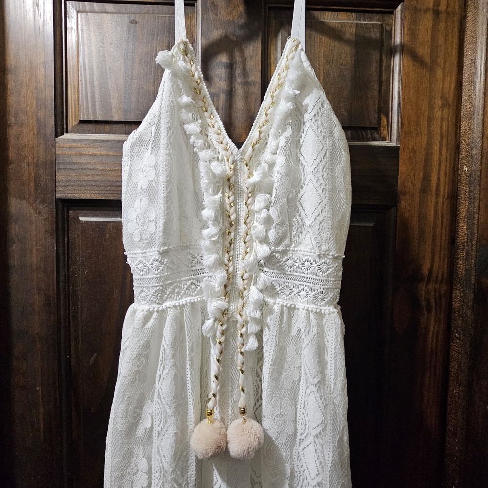 Boho White Lace Dress with Pom Pom Details Stretchy Comfertable Material.